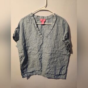 Isaac Mizrahi Light Blue Linen V-Neck Blouse‎